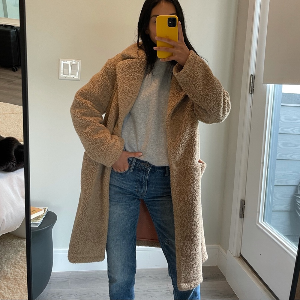 Long tan teddy coat with pockets